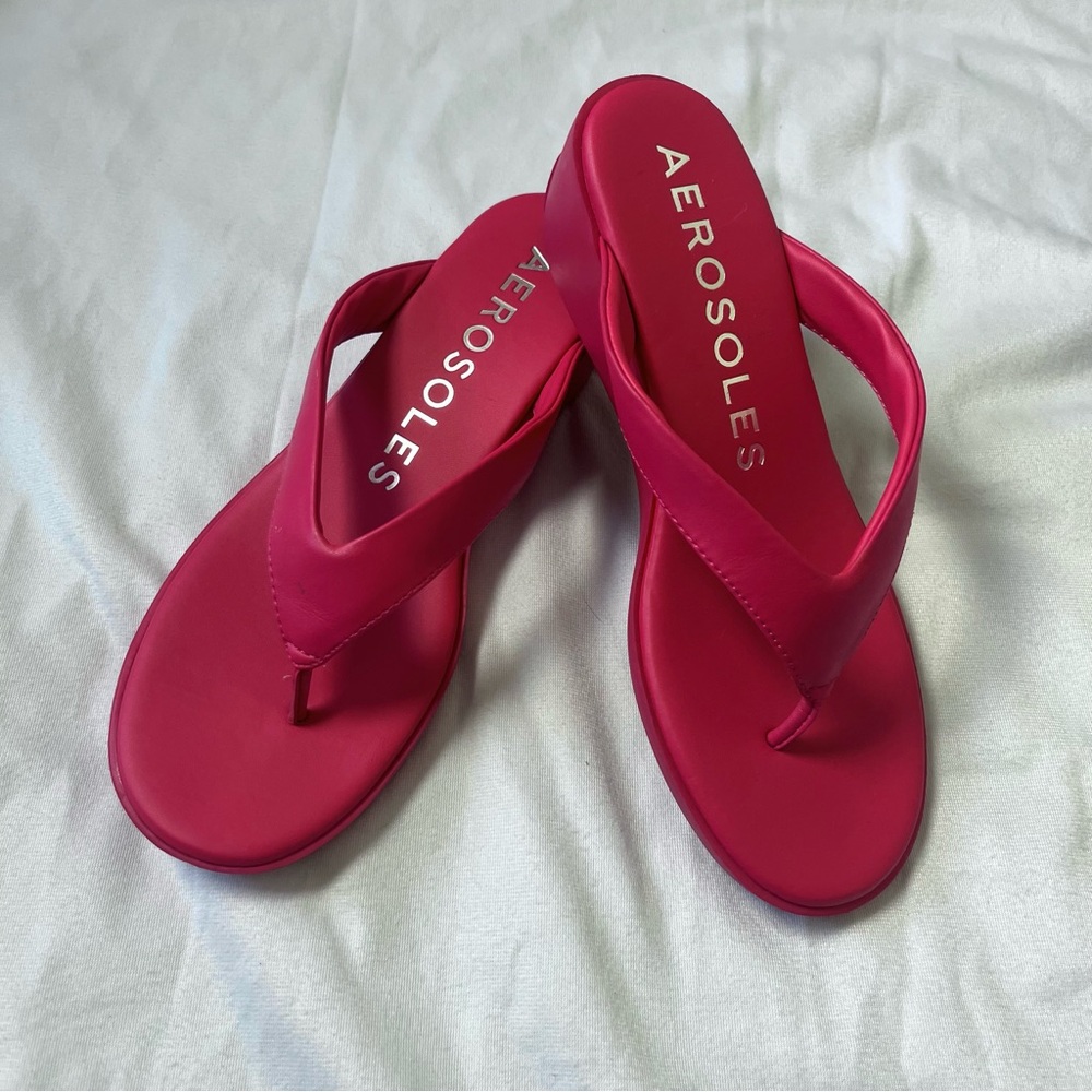 Aerosoles Women’s Isha Wedge Sandals Virtual Pink Vegan Leather Thong Size 8